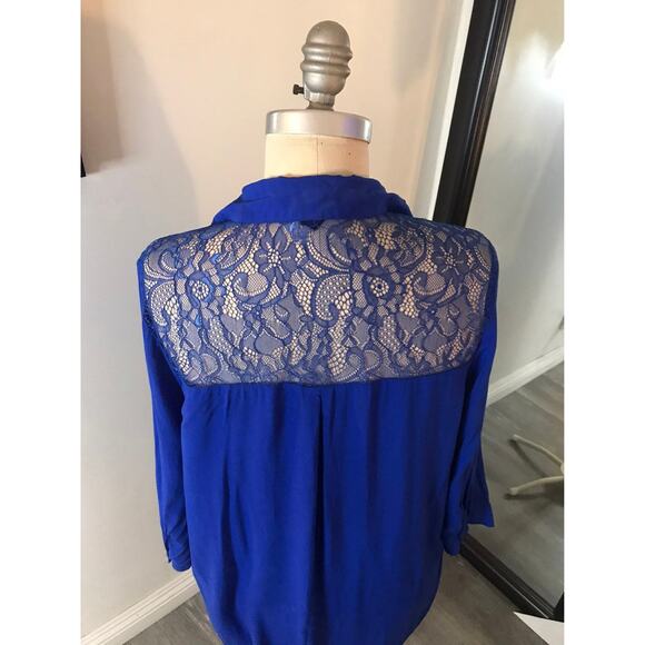 Forever 21 Blue Women's Lace Button Down V-neck 3/4 Sleeve Blouse Medium - Picture 5 of 9